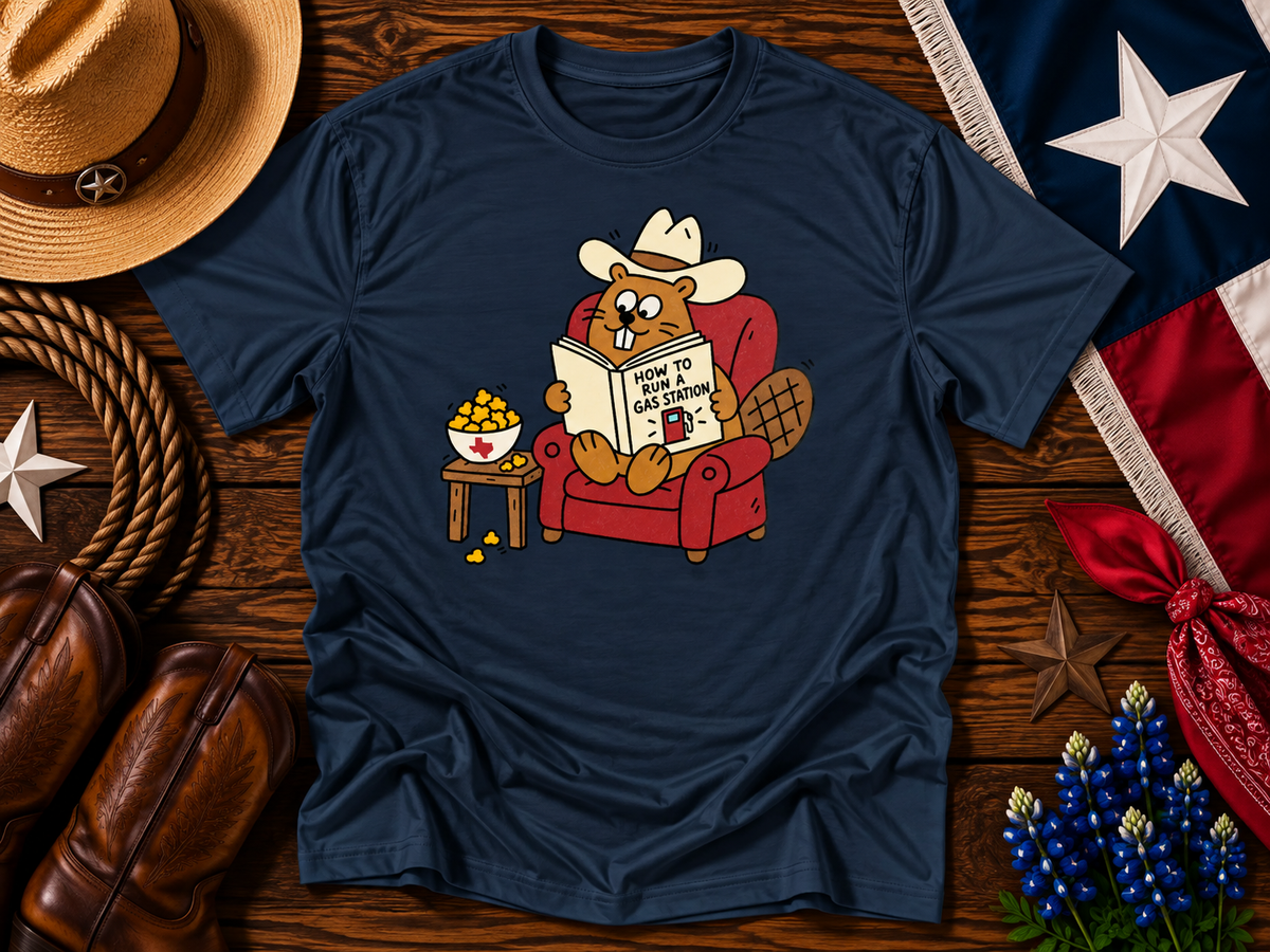 Texas Gas Station Beaver Cowboy Reading Graphic Tee