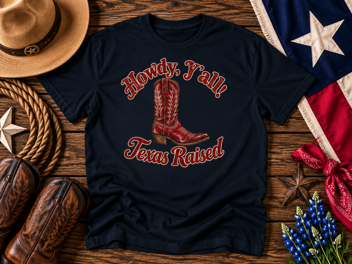 Howdy Y’all Texas Raised Shirt   Red Cowboy Boot Texas Pride Graphic Tee